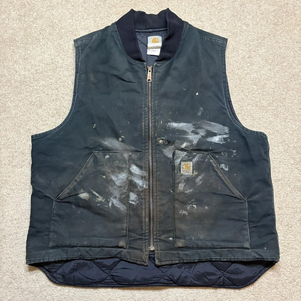 Vtg Carhartt Vest Mens XL Black Duck Canvas Quilted Lined Distressed V01 BLK 90s